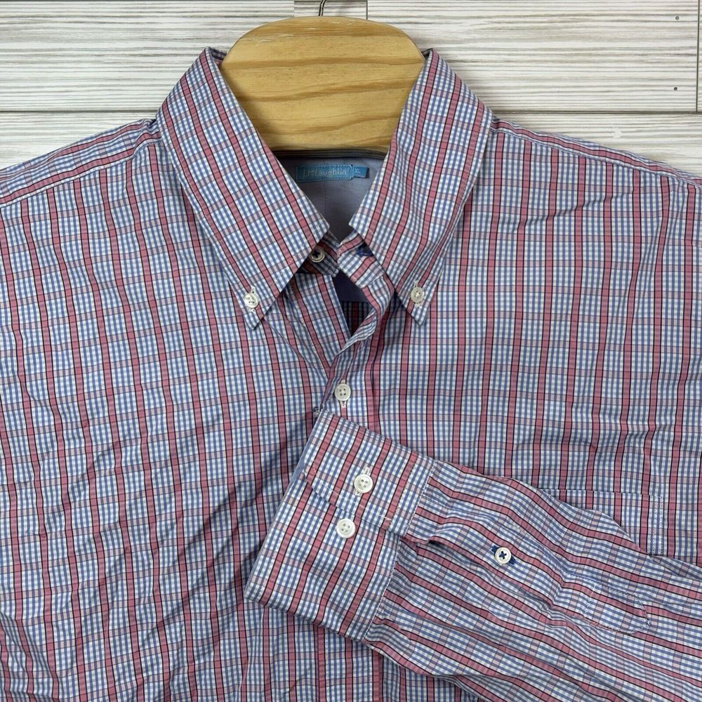J.McLaughlin Men's Pink Blue Button Down Check Plaid‎ Long Sleeve Cotton Sz XL